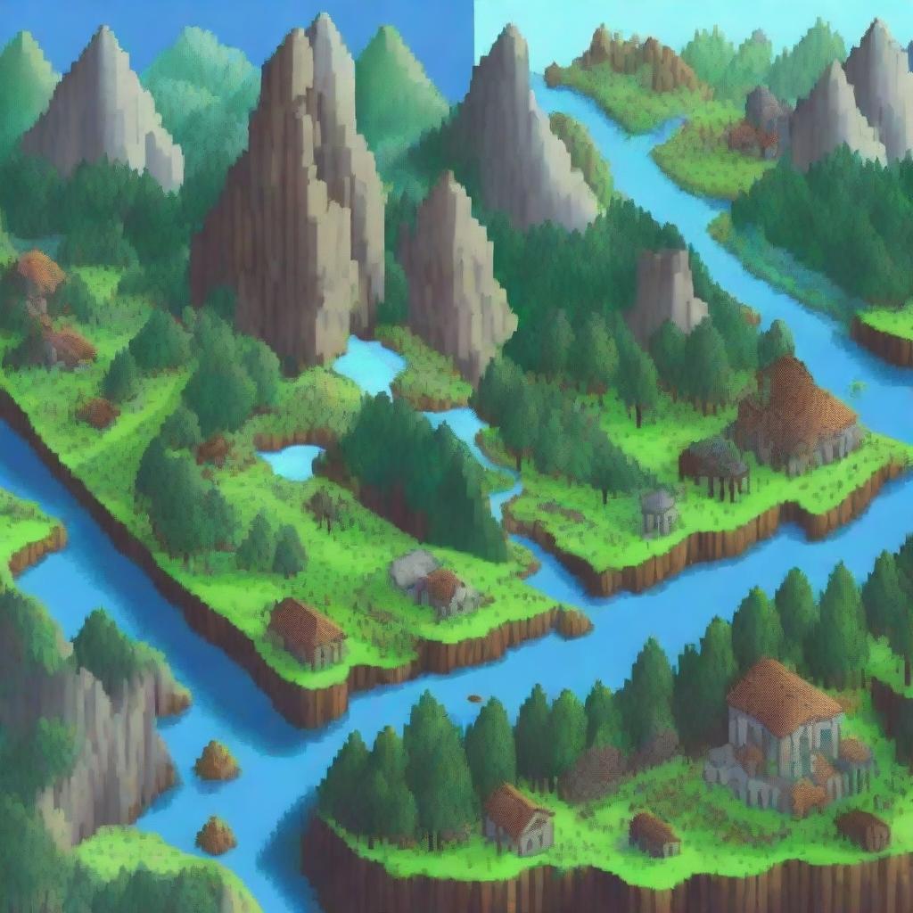 A detailed and colorful pixel art map showing various landscapes, including mountains, forests, rivers, and towns