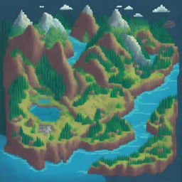 A detailed and colorful pixel art map showing various landscapes, including mountains, forests, rivers, and towns