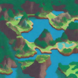 A detailed and colorful pixel art map showing various landscapes, including mountains, forests, rivers, and towns