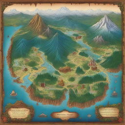 A detailed and colorful map showing various landscapes, including mountains, forests, rivers, and towns