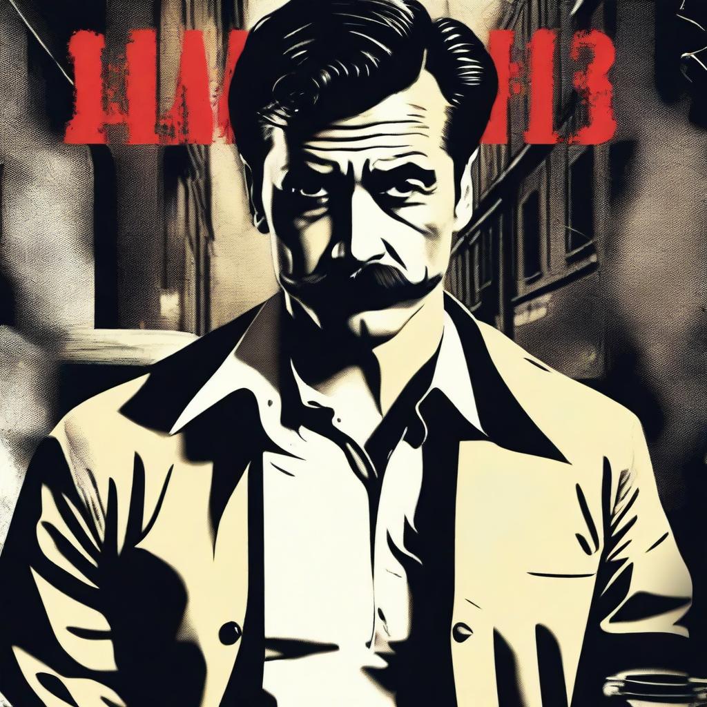 Create a gangster-style movie poster featuring a man with a mustache and a shirt, looking directly at the camera