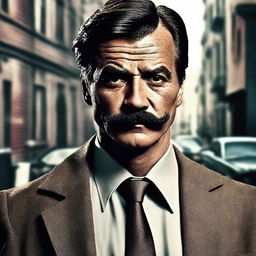 Create a gangster-style movie poster featuring a man with a mustache and a shirt, looking directly at the camera