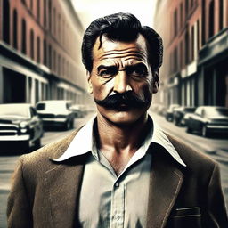 Create a gangster-style movie poster featuring a man with a mustache and a shirt, looking directly at the camera