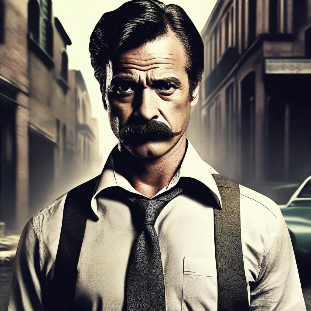 Create a gangster-style movie poster featuring a man with a mustache and a shirt, looking directly at the camera