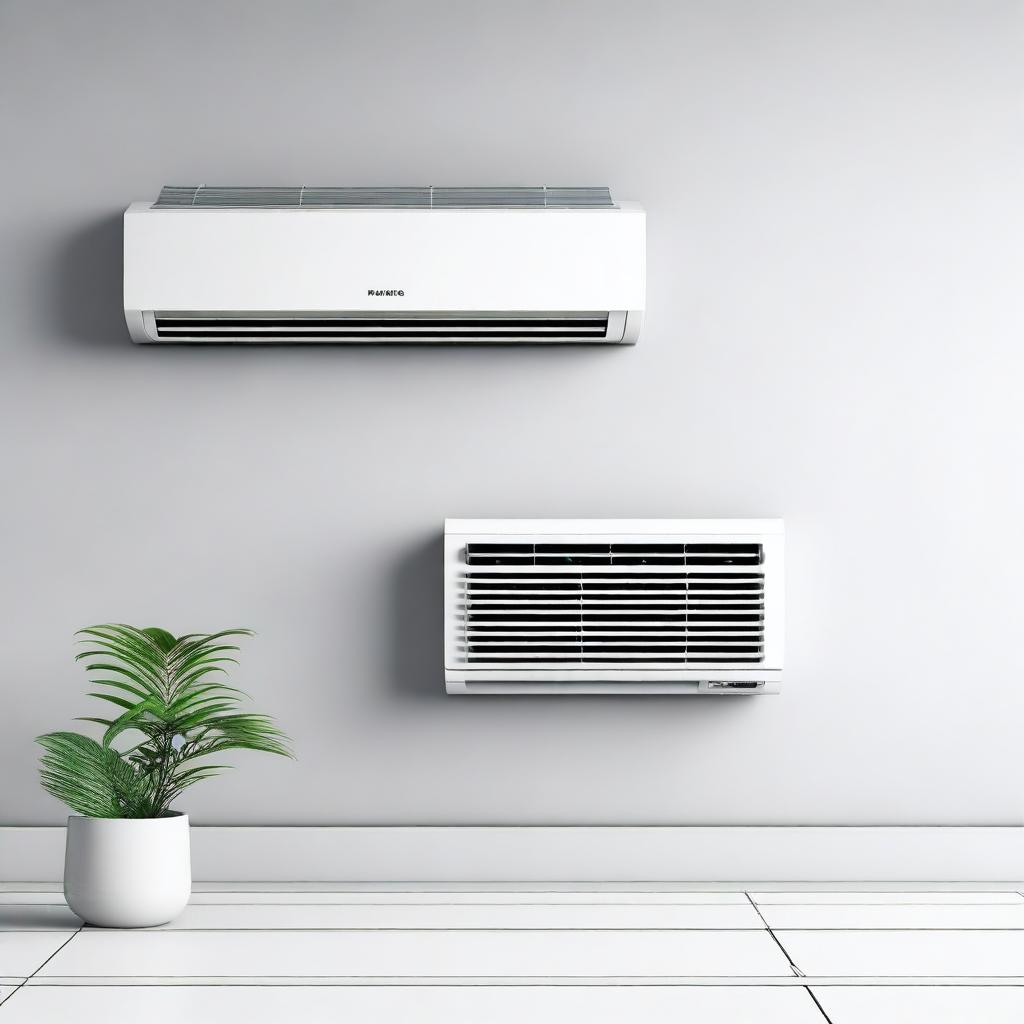 A detailed illustration of an air conditioner mounted on a wall, showing the front panel with vents and control buttons