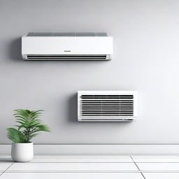 A detailed illustration of an air conditioner mounted on a wall, showing the front panel with vents and control buttons