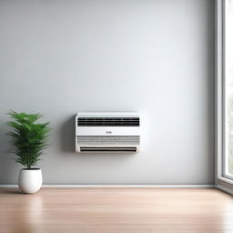 A detailed illustration of an air conditioner mounted on a wall, showing the front panel with vents and control buttons