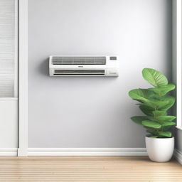 A detailed illustration of an air conditioner mounted on a wall, showing the front panel with vents and control buttons