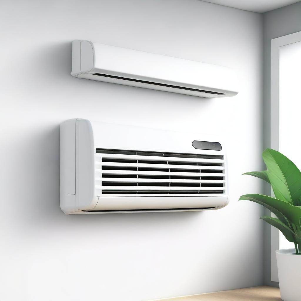 A detailed illustration of an air conditioner mounted on a wall, showing the front panel with vents and control buttons