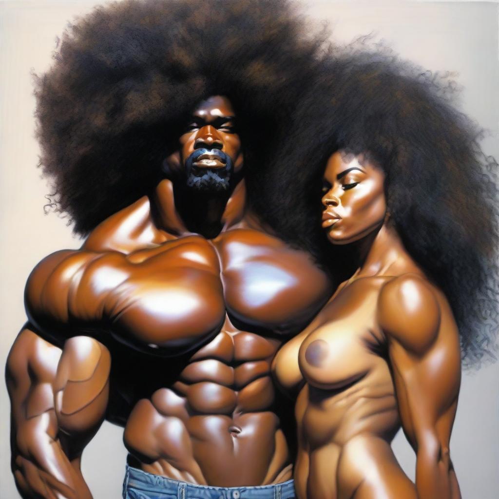 A polished, hyper-realistic, full-body oil-based painting of a sexy Black muscular man holding a beautiful Black woman with an afro