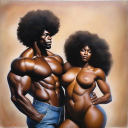 A polished, hyper-realistic, full-body oil-based painting of a sexy Black muscular man holding a beautiful Black woman with an afro