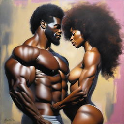 A polished, hyper-realistic, full-body oil-based painting of a sexy Black muscular man holding a beautiful Black woman with an afro