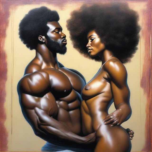 A polished, hyper-realistic, full-body oil-based painting of a sexy Black muscular man holding a beautiful Black woman with an afro