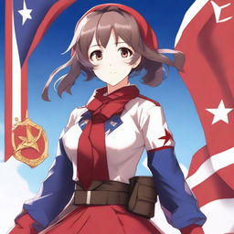 A character from the game Honkai Star March 7, depicted in a pioneer uniform with the aesthetics of the Soviet Union