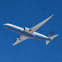 A detailed, sleek airplane soaring through a clear blue sky