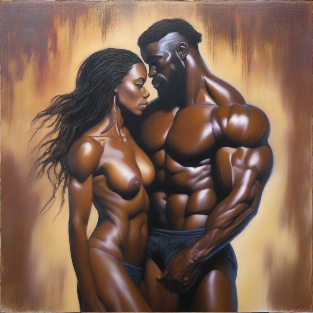 A polished oil-based painting of a full-body view of a sexy Black muscular man holding a beautiful Black woman