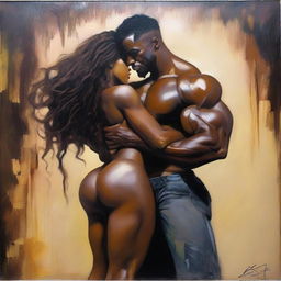 A polished oil-based painting of a full-body view of a sexy Black muscular man holding a beautiful Black woman