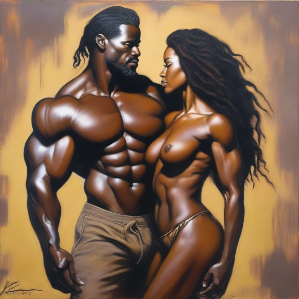 A polished oil-based painting of a full-body view of a sexy Black muscular man holding a beautiful Black woman