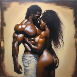 A polished oil-based painting of a full-body view of a sexy Black muscular man holding a beautiful Black woman