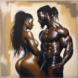 A polished oil-based painting showing a full-body view of a sexy, muscular Black man holding a beautiful Black woman