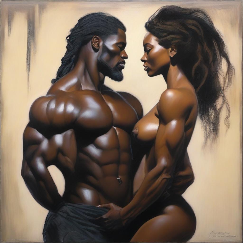 A polished oil-based painting showing a full-body view of a sexy, muscular Black man holding a beautiful Black woman