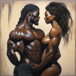 A polished oil-based painting showing a full-body view of a sexy, muscular Black man holding a beautiful Black woman