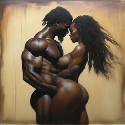 A polished oil-based painting showing a full-body view of a sexy, muscular Black man holding a beautiful Black woman