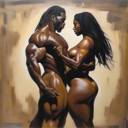 A polished oil-based painting showing a full-body view of a sexy, muscular Black man holding a beautiful Black woman