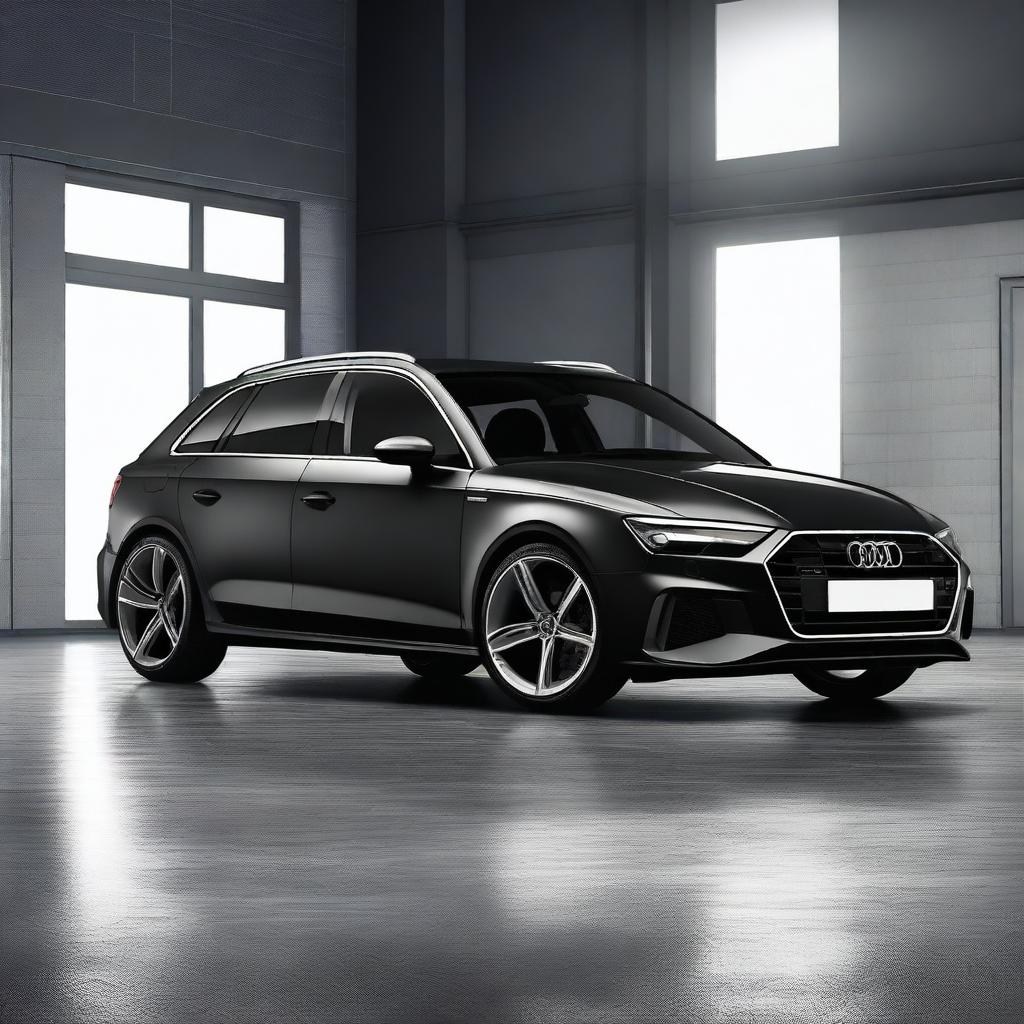 A detailed and realistic side view image of a black Audi A3 Sportback parked in a garage