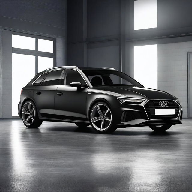 A detailed and realistic side view image of a black Audi A3 Sportback parked in a garage