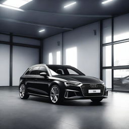 A detailed and realistic side view image of a black Audi A3 Sportback parked in a garage