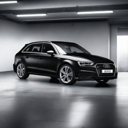 A detailed and realistic side view image of a black Audi A3 Sportback parked in a garage