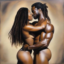 A polished, hyper-realistic, full-body oil-based painting of a sexy, muscular Black man holding a beautiful Black woman from the rear view