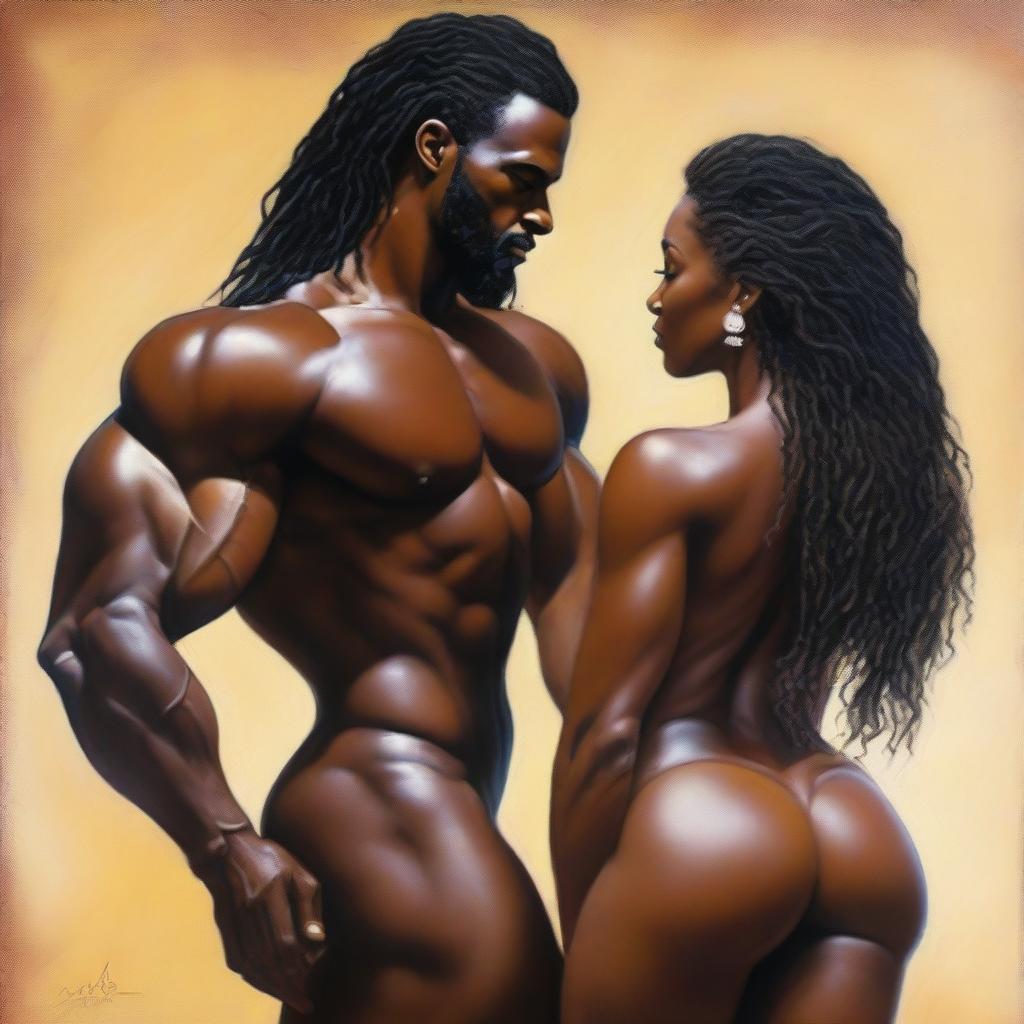 A polished, hyper-realistic, full-body oil-based painting of a sexy, muscular Black man holding a beautiful Black woman from the rear view