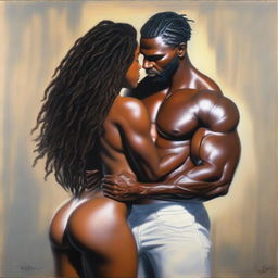 A polished, hyper-realistic, full-body oil-based painting of a sexy, muscular Black man holding a beautiful Black woman from the rear view