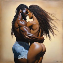 A polished, hyper-realistic, full-body oil-based painting of a sexy, muscular Black man holding a beautiful Black woman from the rear view