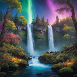 A magical forest full of colors, sparkling waterfalls flowing through, exotic species of luminous plants and roaming mystical creatures under a sky glowing with aurora.