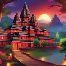 A stunning village poster titled 'AADHIRAN', vibrant and dynamic, featuring temples and villages with glowing red lights