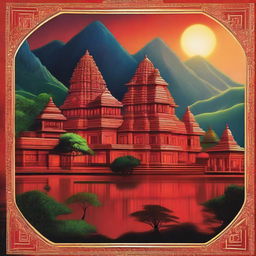 A stunning village poster titled 'AADHIRAN', vibrant and dynamic, featuring temples and villages with glowing red lights