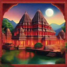 A stunning village poster titled 'AADHIRAN', vibrant and dynamic, featuring temples and villages with glowing red lights