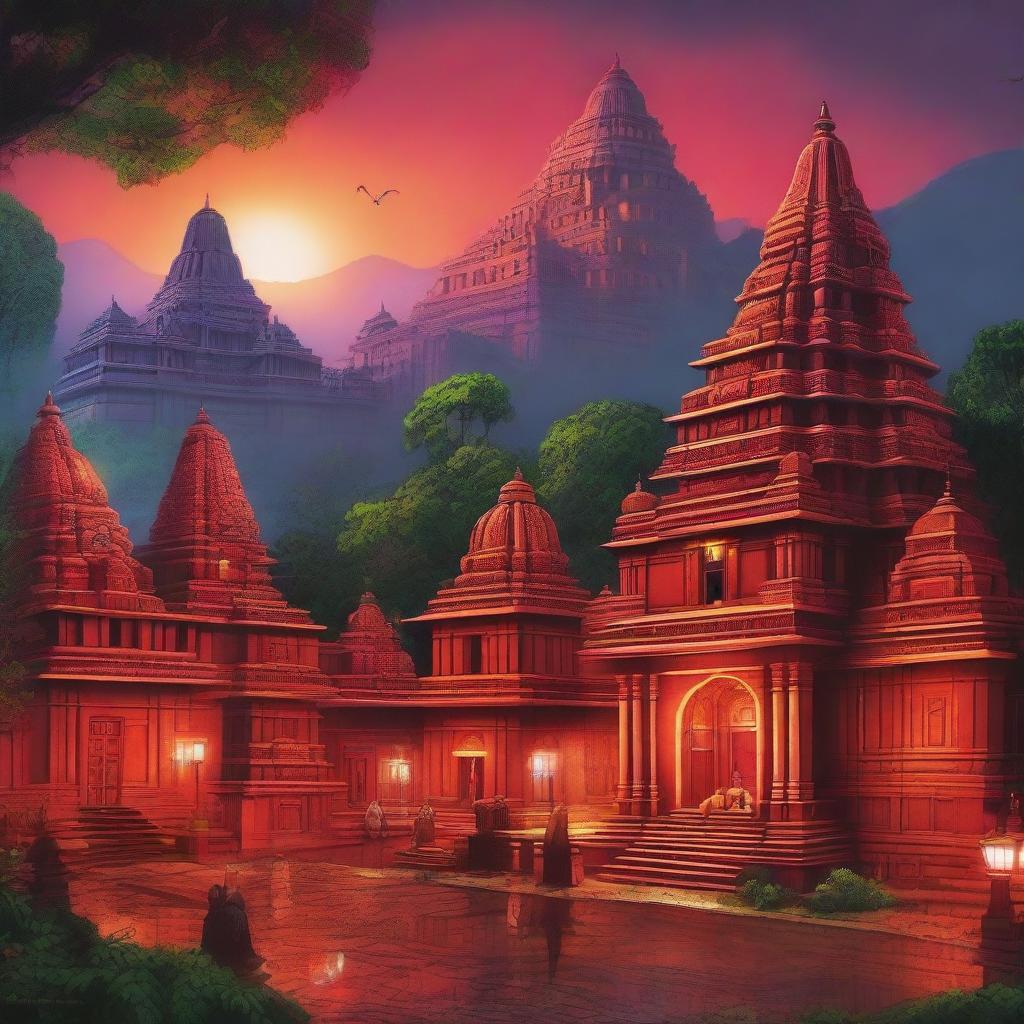 A stunning village poster titled 'AADHIRAN', vibrant and dynamic, featuring temples and villages with glowing red lights