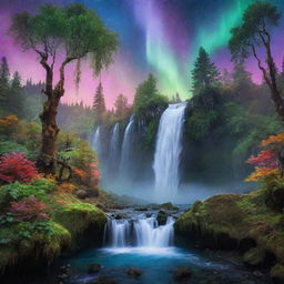 A magical forest full of colors, sparkling waterfalls flowing through, exotic species of luminous plants and roaming mystical creatures under a sky glowing with aurora.