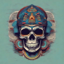 Create a graphic t-shirt design featuring an ethnic skull head in the style of Anton Fadeev with moody colors, sharp lines and shapes, inspired by Thomas Nast