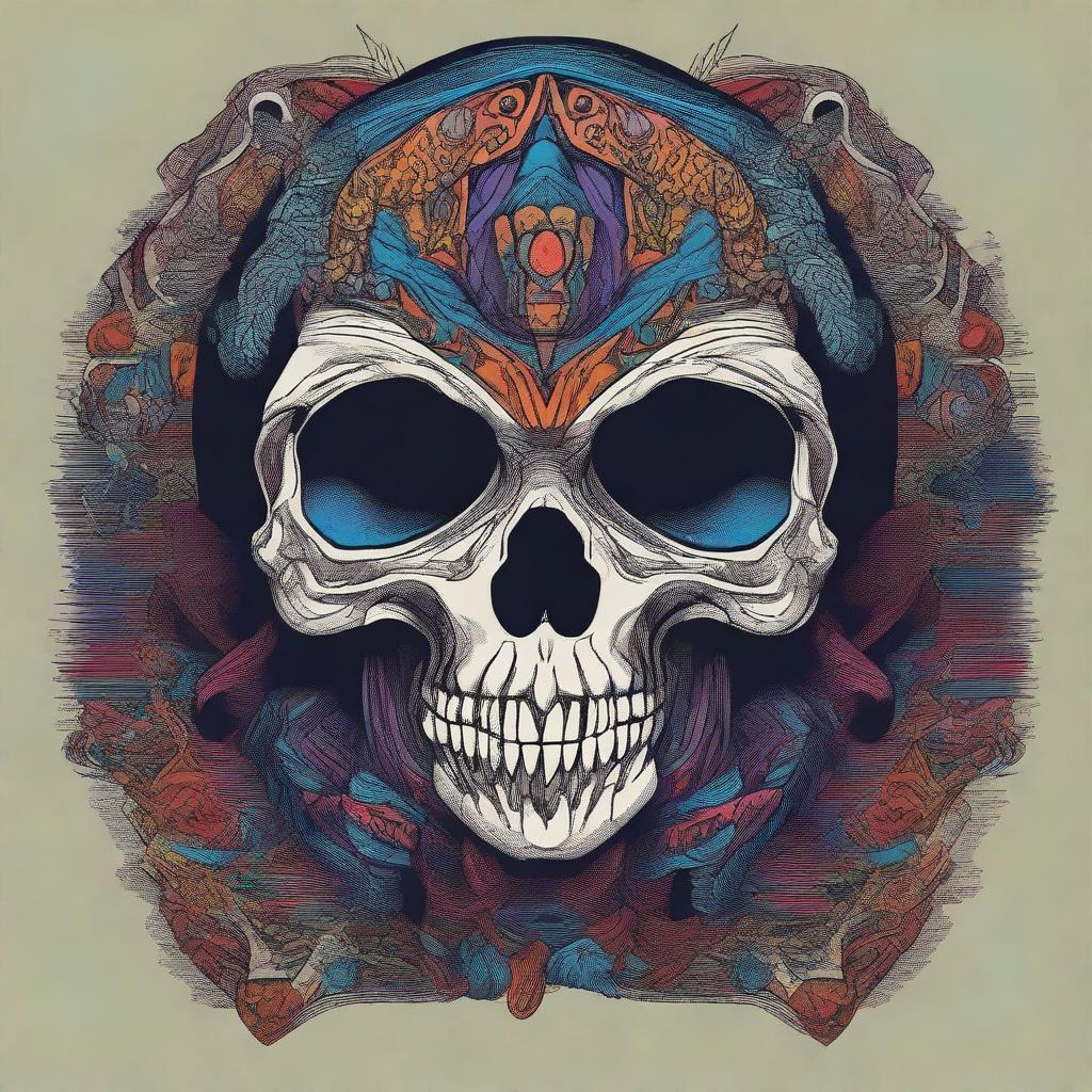 Create a graphic t-shirt design featuring an ethnic skull head in the style of Anton Fadeev with moody colors, sharp lines and shapes, inspired by Thomas Nast