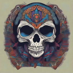 Create a graphic t-shirt design featuring an ethnic skull head in the style of Anton Fadeev with moody colors, sharp lines and shapes, inspired by Thomas Nast