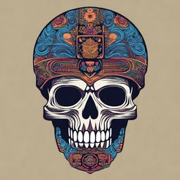 Create a graphic t-shirt design featuring an ethnic skull head in the style of Anton Fadeev with moody colors, sharp lines and shapes, inspired by Thomas Nast