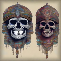 Create a graphic t-shirt design featuring an ethnic skull head in the style of Anton Fadeev with moody colors, sharp lines and shapes, inspired by Thomas Nast