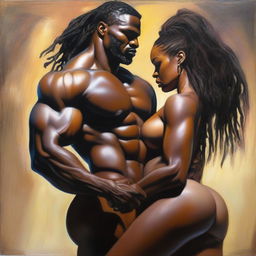 A polished, hyper-realistic, full-body oil-based painting of a sexy, muscular Black man holding a beautiful Black woman