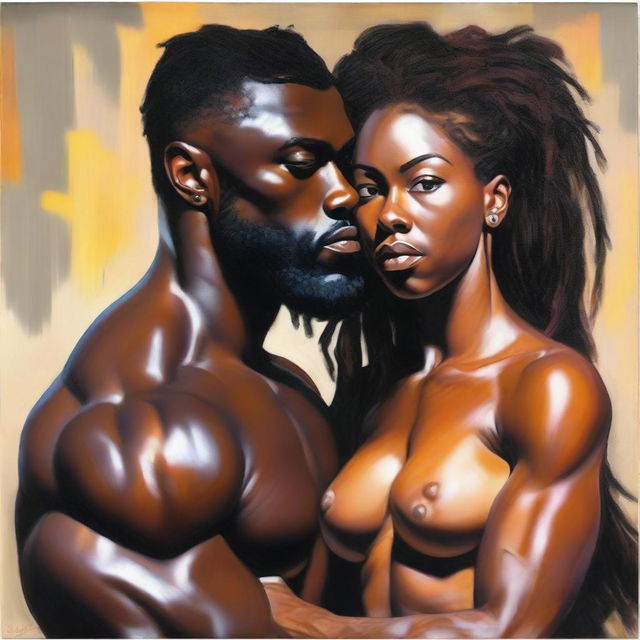 A polished, hyper-realistic, full-body oil-based painting of a sexy, muscular Black man holding a beautiful Black woman