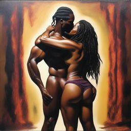 A polished, hyper-realistic, full-body oil-based painting of a sexy, muscular Black man holding a beautiful Black woman